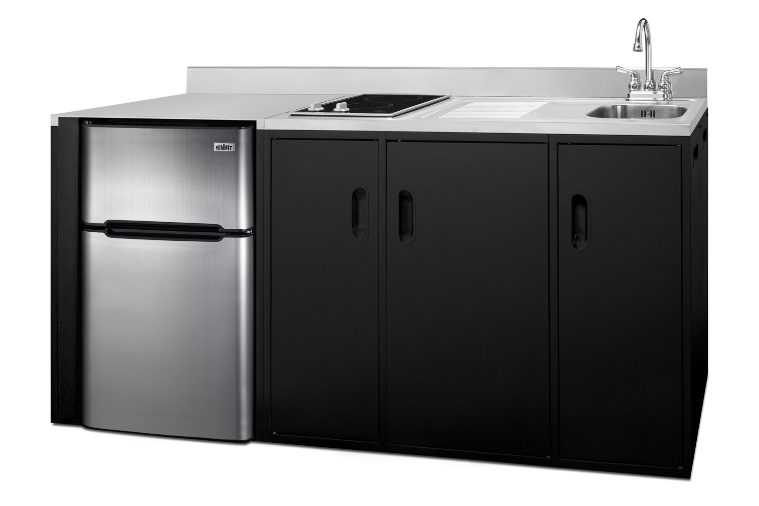 72 inch wide, ADA counter height all-in-one kitchenette in black with a 2-burner 115V smooth top cooktop, 2-door refrigerator-freezer, sink, and three storage cabinets